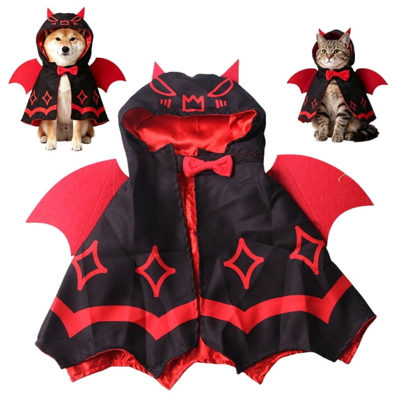 Halloween Pet Bat Cape Costume, Red Devil Wing & Horn Vampire Outfit, Funny Cosplay Holiday Clothes for Small Medium Dogs Cats