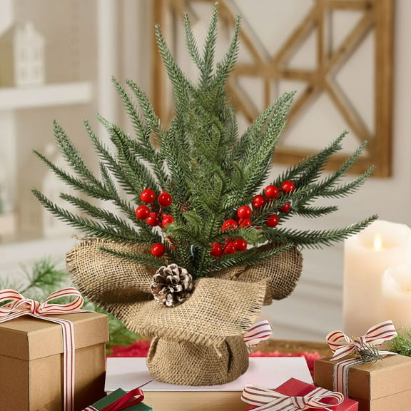 kladzum 12-inch Table Top Christmas Tree Artificial Mini Christmas Tree with Red Berry Pines Cones and Burlaps Base, Exquisite Christmas Decorations Ideal for Home Farmhouses Desk Decor