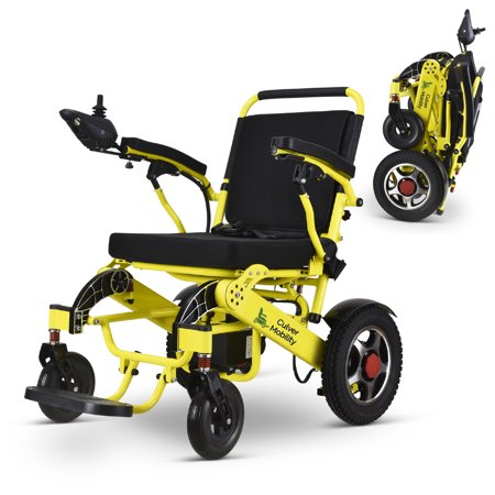 WOLF Folding Ultra Lightweight Electric Power Wheelchair, Airline Approved and Air Travel Allowed, Heavy Duty, Mobility Motorized, Portable Power (19.5" Seat Width) (Yellow)