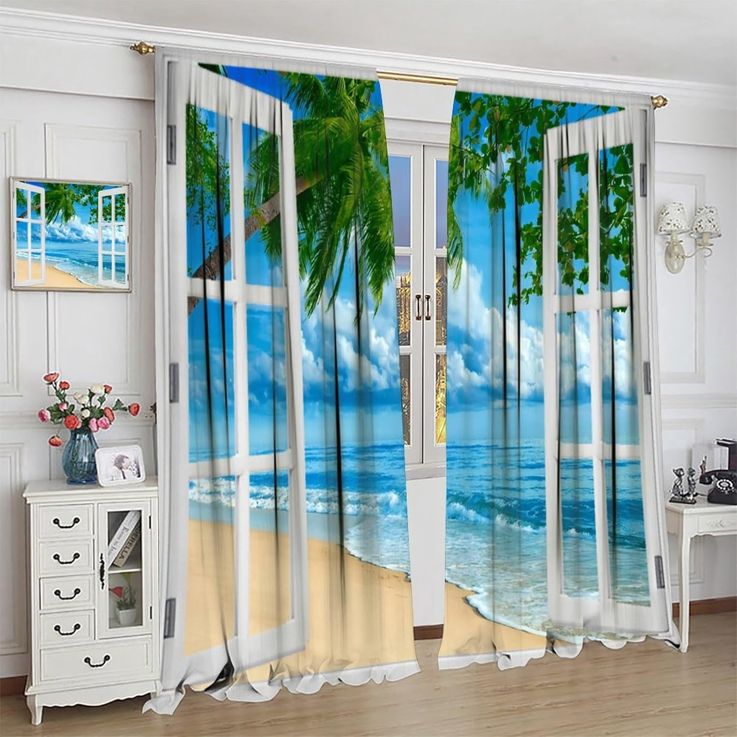 Beach Palm Tree Curtains, Summer Tropical Island Blue Clouds Ocean Nature Landscape Scenic Blackout Window Treatments for Kitchen Bedroom Living Room, 84" W X 84" L
