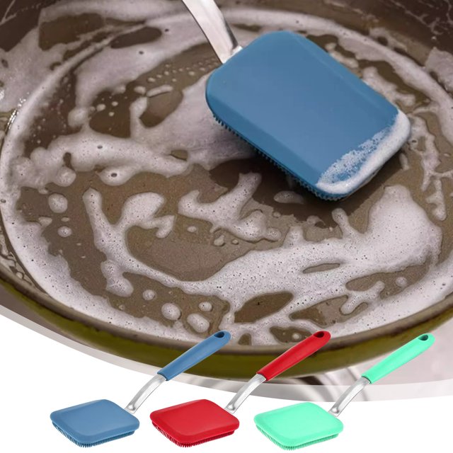 Fiudx Cepillo de Limpieza de Silicona, Cerdas Suaves para Ollas y Cuencos, Diseño Ergonómico de Espátula, Elimina Manchas Difíciles, Herramienta de Cocina Versátil, Secado Fácil, Azul, Verde y Rojo,