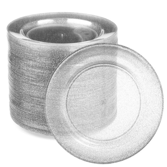 Ilyapa 100 Pack 7 Inch Disposable Dessert Plates, Plastic Clear Party Plate Sets for 100 Guests, Clear Appetizer and Cake Plates 7", Party & Dinner Accessories, Silver Glitter