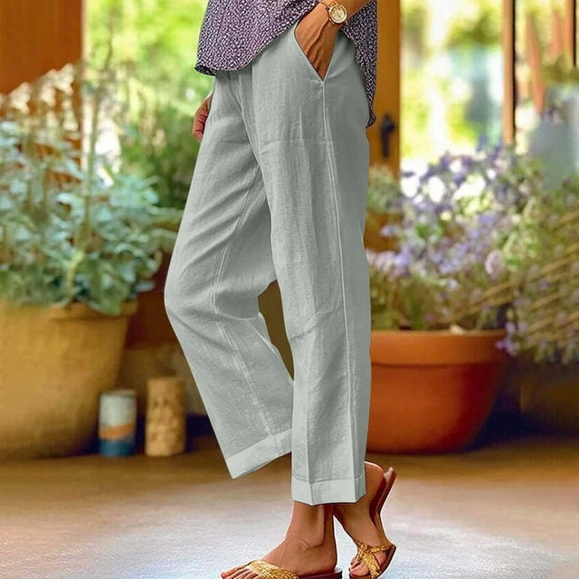 LSLJS Women's Spring and Solid Color Elastic Waist Cotton Linen Versatile Straight Tube Casual Wide Leg Pants Womens Work Pants