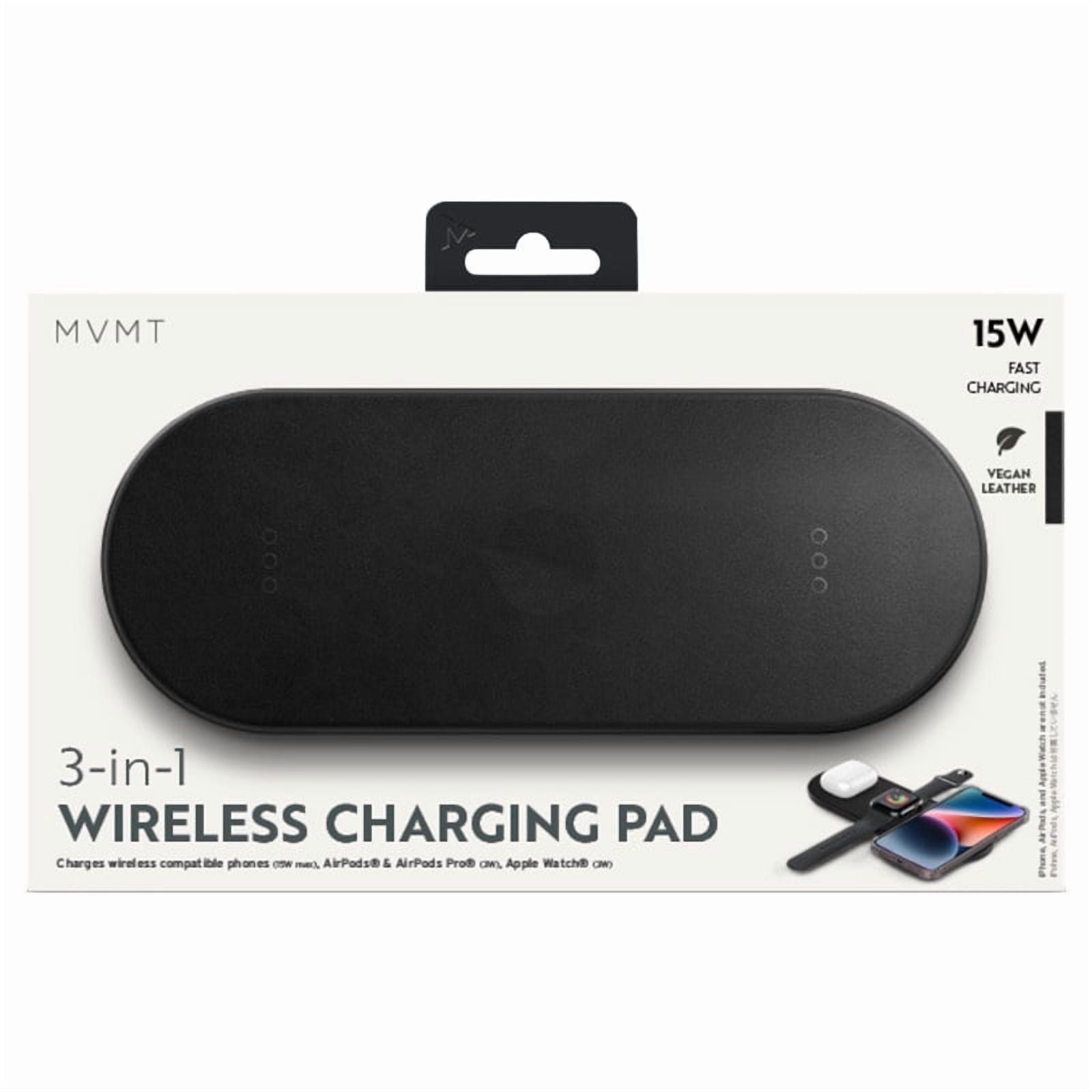 MVMT 15W Wireless Charging Pad Premium Vegan Leather 3-in-1 Fast Charger for Phone, AirPods & Apple Watch