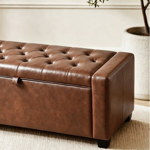 43.3" Storage Ottoman Bench, Upholstered Bedroom Bench with High-Resilience Foam Cushion, Sturdy Wood Frame, Dual Safety Hinges, Multi-Purpose for Living Room, Entryway & End of Bed