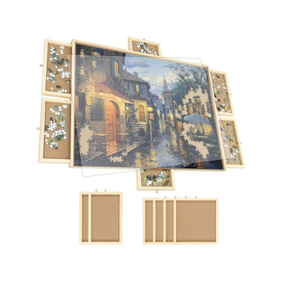 27" X 35" Wooden Rotating Puzzle Board With 6 Drawers & Protective Cover,1500 Pieces Portable Jigsaw Puzzle Table For Adults And Kids
