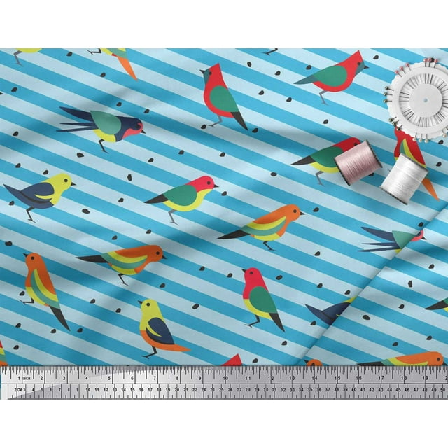 Soimoi Blue polyester Crepe Fabric Stripe & Bird Print Fabric by the Yard 42 Inch Wide