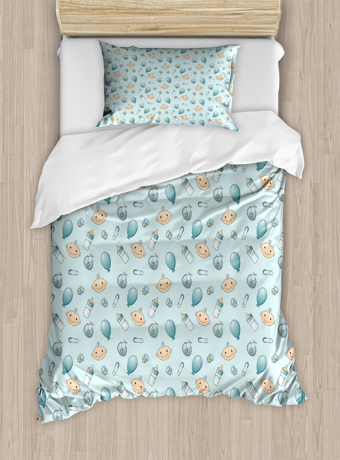 Baby Duvet Cover Set Twin Size, Infant Head with Balloons Pacifiers and