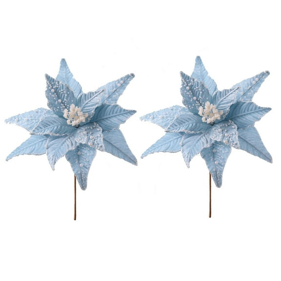 2 PCS Artificial Flowers with Pearl 11.8" Poinsettia Artificial Christmas Flower Velvet Faux Floral