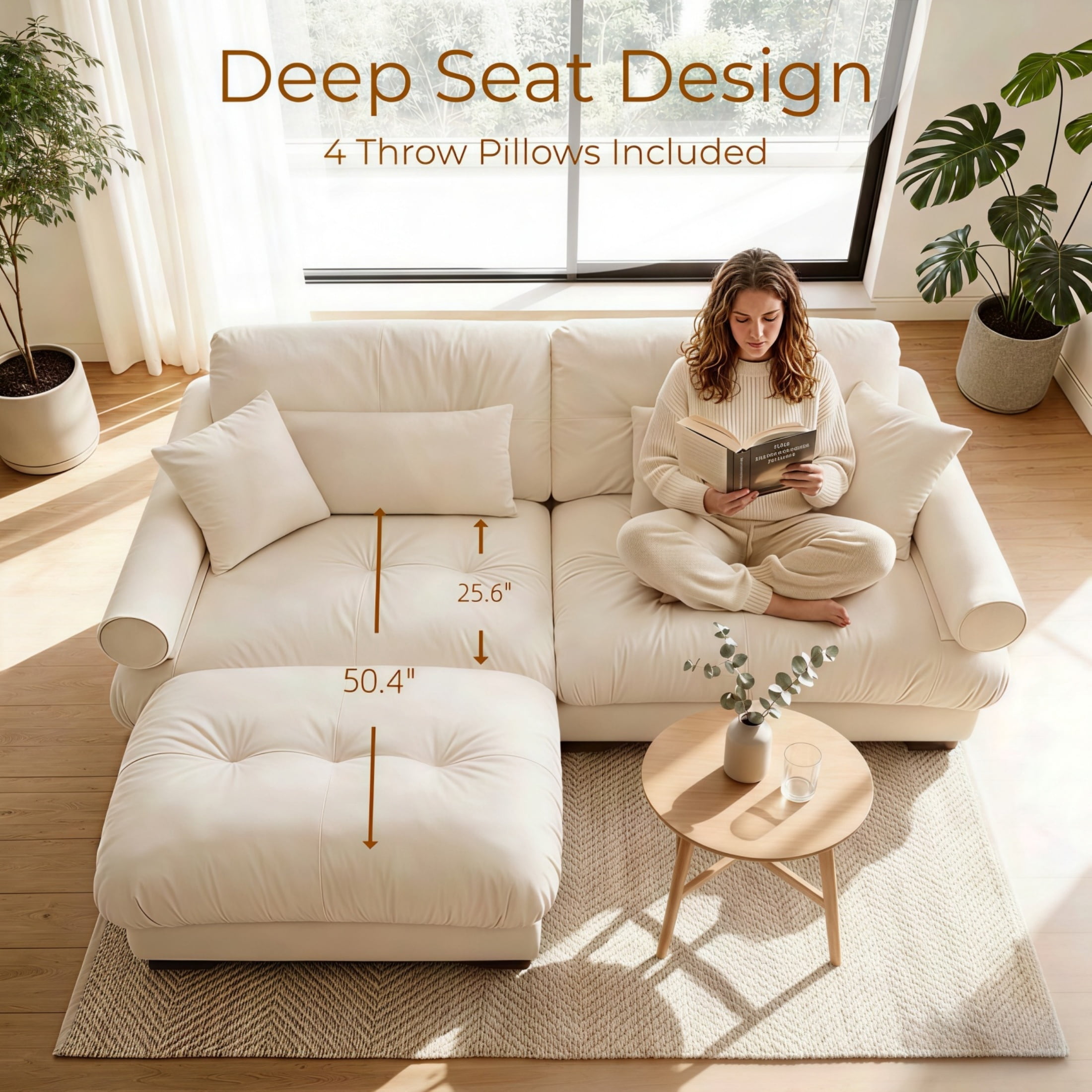 Amuille 93.7" Modular Sectional Sofa Velvet L Shaped Cloud Couch, 2-Seat Deep Seat Sofa for Living Room, with 4 Pillows, Cream
