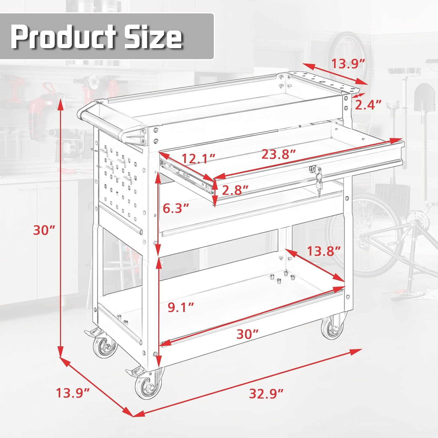 Odaof 3 Tier Rolling Tool Cart,Tool Chest and Tool Organizer with Wheels and Drawer,330 lbs Capacity Utility Cart for Garage Warehouse(Red)
