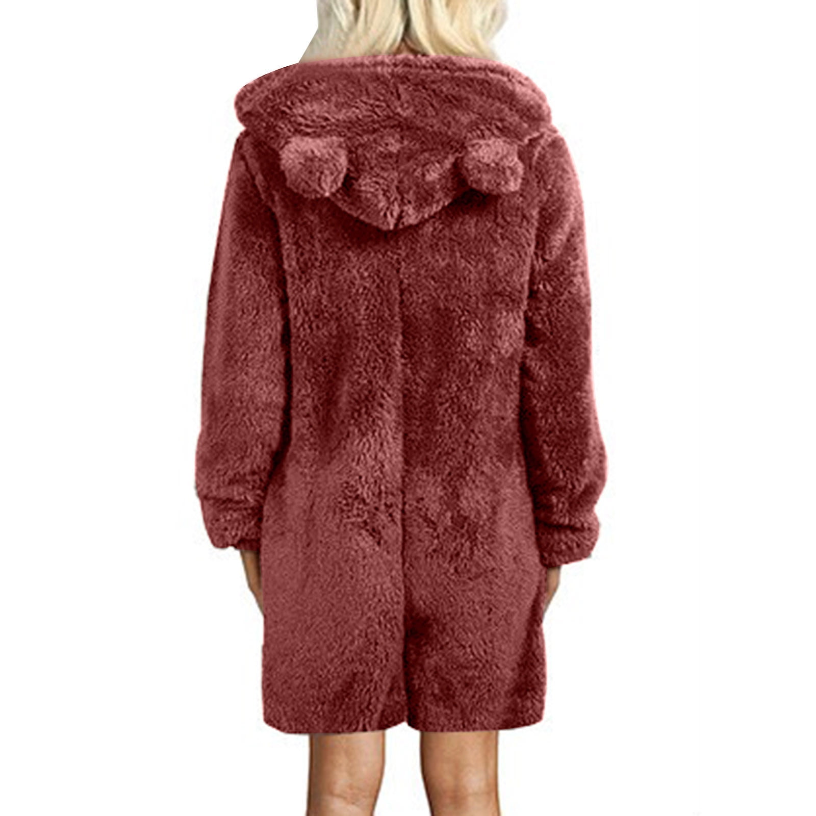 BiZtdJrK Womens Plush Onesies Pajamas Sherpa Fleece Short Jumpsuit Fuzzy Cute Ear Hooded Romper Zipper Sleepwear, Wine, S
