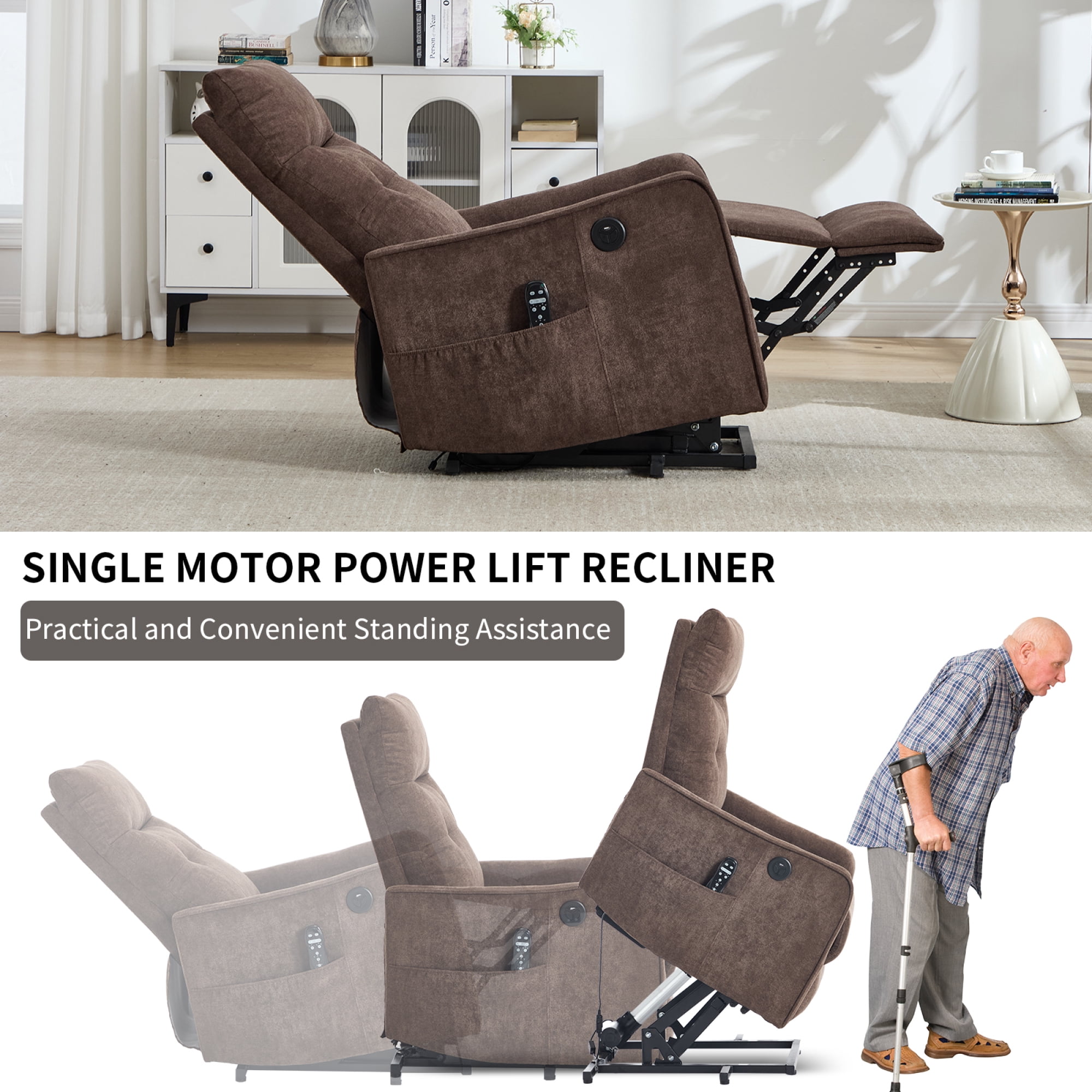Leumius Power Lift Recliner Chair with Massage and Heat for Elderly,Heavy Duty Electric Reclining Chair with Side Pockets,USB Charge Port for Living Room,Brown+Chenille