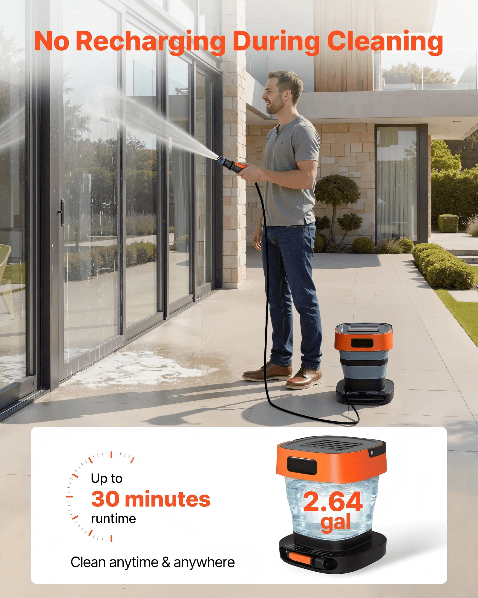 Portable Cordless Pressure Washer with 2.64 Gal Tank, Foldable Power Washer 109 Max PSI 0.79 Max GPM, 3 Nozzles,Flexible 78.7 in Hose, Type-C Charging, for Bike Cleaning, Patio, Camping, Garden