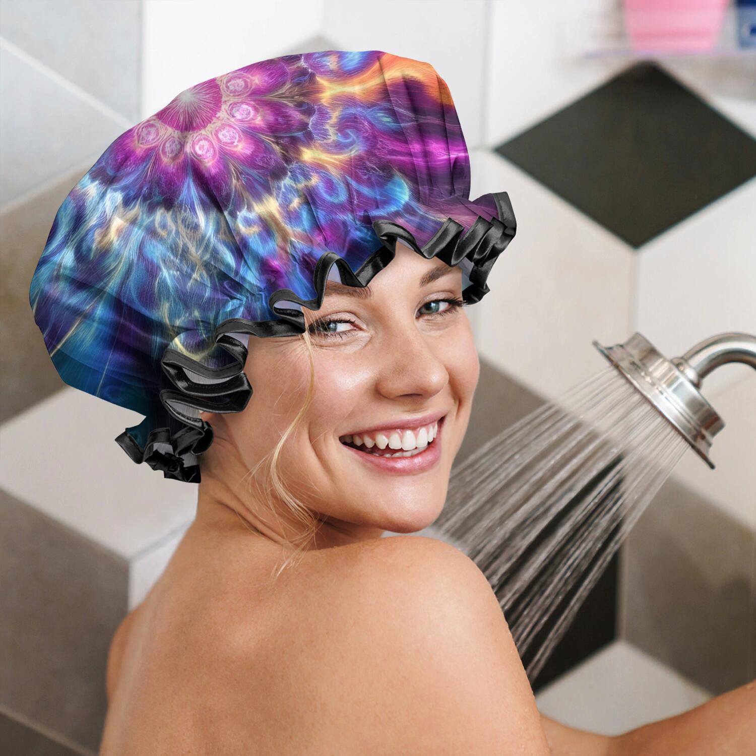 Shower Caps,Colorful Tie Dye Flame Flower Pattern Waterproof Shower Cap for Women 4 Pieces,Double Reusable Hair Cover for Shower PEVA Elastic Stretch Hem