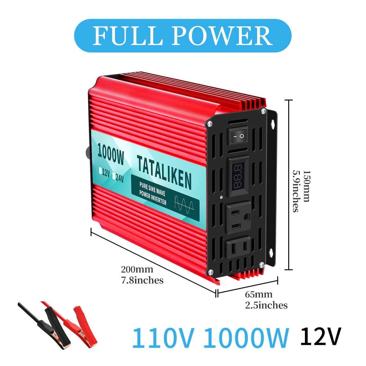 TATALIKEN 1000 Watts 2000 Watts Pure Sine Wave Power Inverter DC 12V to AC 110V/120V Car Inverter with 2 AC Outlets for Power Tools Home Vehicles RV Truck, LCD Display