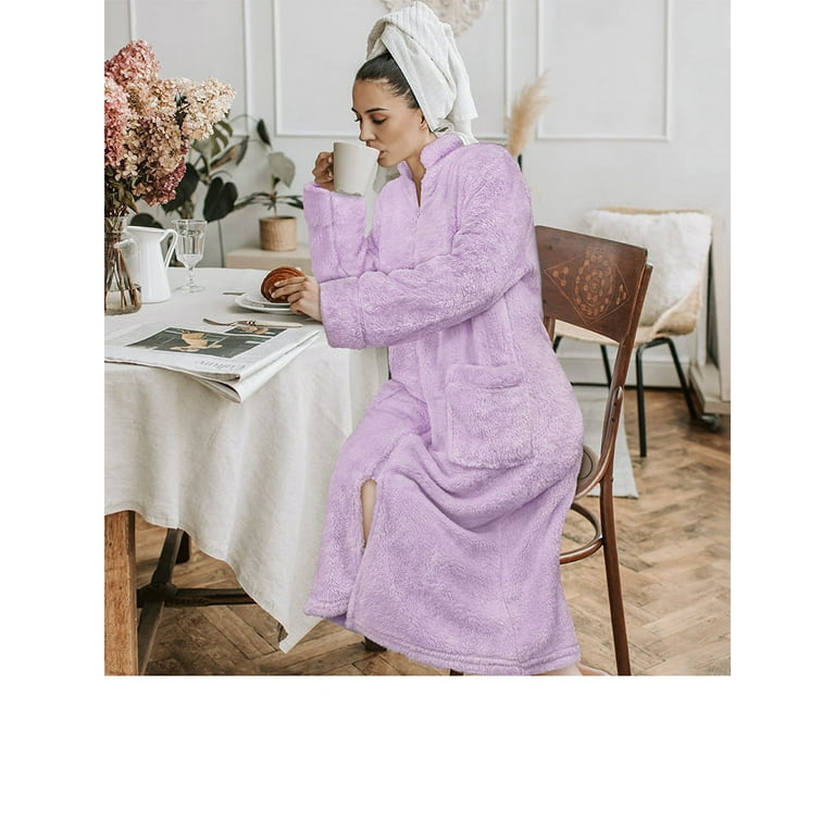 PAVILIA Womens Housecoat Zip Robe Sherpa Zip Up Front Robe Bathrobe Fuzzy Warm Zipper House Coat Lounger for Women Ladies Elderly with Pockets