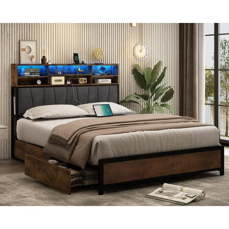 Rolanstar Twin Size Bed Frame with Charging Station and LED Lights,  Upholstered Bed with Adjustable Headboard and 4 Storage Drawers, No Box  Spring