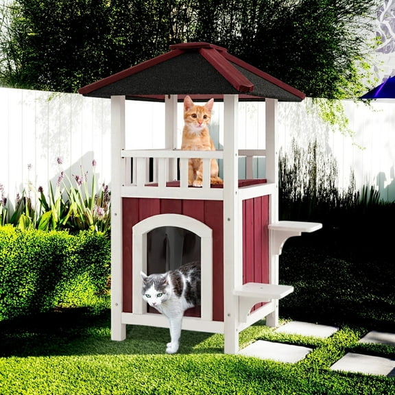 Pefilos 34" Wooden Pet Cat House for Outdoor and Indoor, Feral Cat Shelter with Jumping Platforms, Red