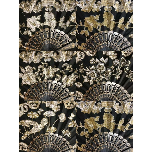 Set of 12 Gold & Black Hand Held Folding Fans w/Gift Bags for Party Favors, Party Decor