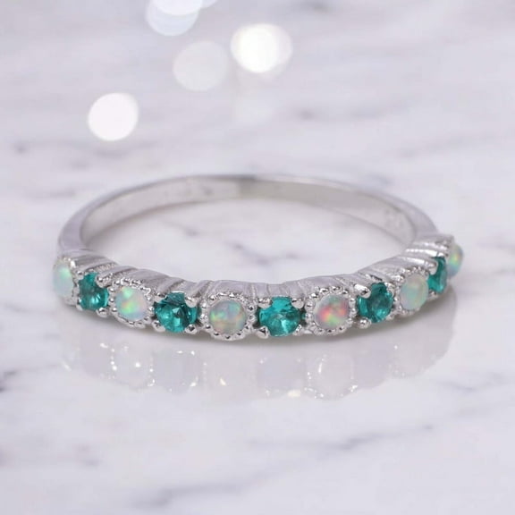 Emerald Opal Wedding Band, Half Eternity Opal Stacking Band, 925 Sterling Silver Wedding Ring, Gemstone Band, Birthstone Ring, Anniversary Christmas Gift