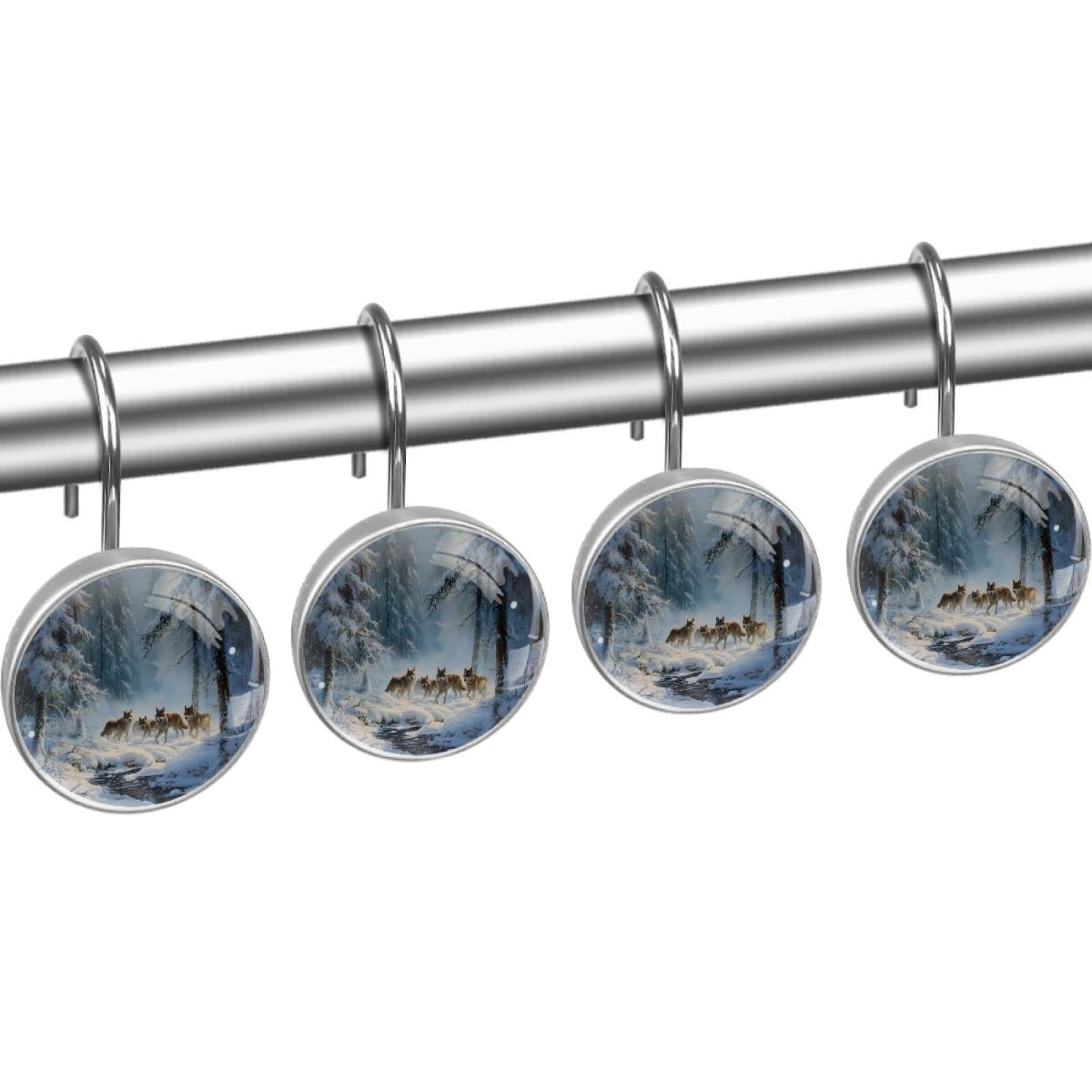 Wolf on Winter Forest Snow Stream Shower Curtain Hooks Round Crystal Glass, Set of 12 Shower Curtain Rings - Shower Hooks for Curtain Shower Rings