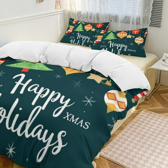 Happy Holidays Joy Xmas Duvet Cover Set Themed Multicolor Polyester Bedding Set for Bedroom Decoration
