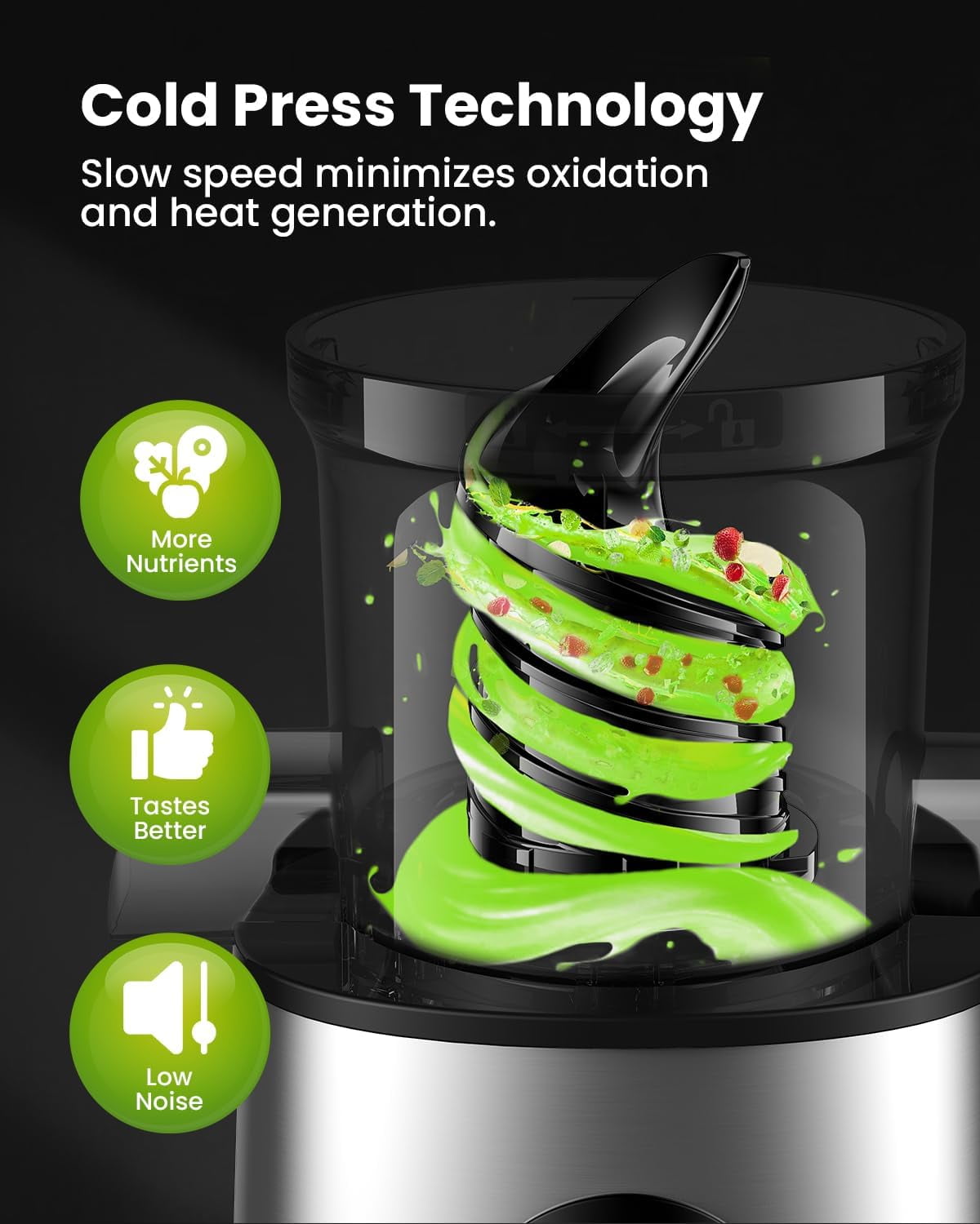 Cold Press Juicer Machines, 4.25'' Large Feed Chute Masticating Slow Juicer Fits Whole Fruits and Vegetables, Low Noise, Silver