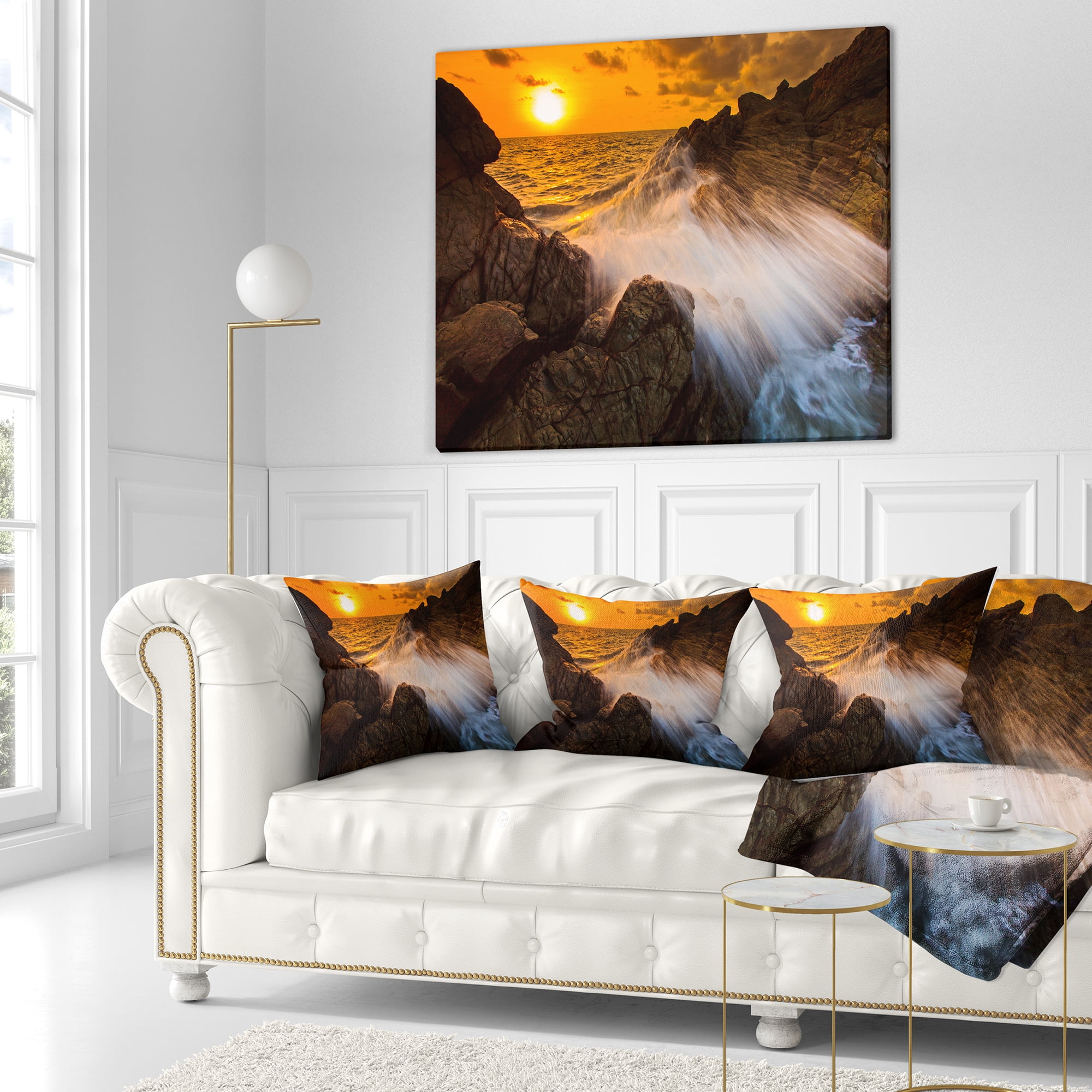 Designart Sunset Sea Wave Impact Rocks at Sunset - Seascape Throw Pillow - 18x18