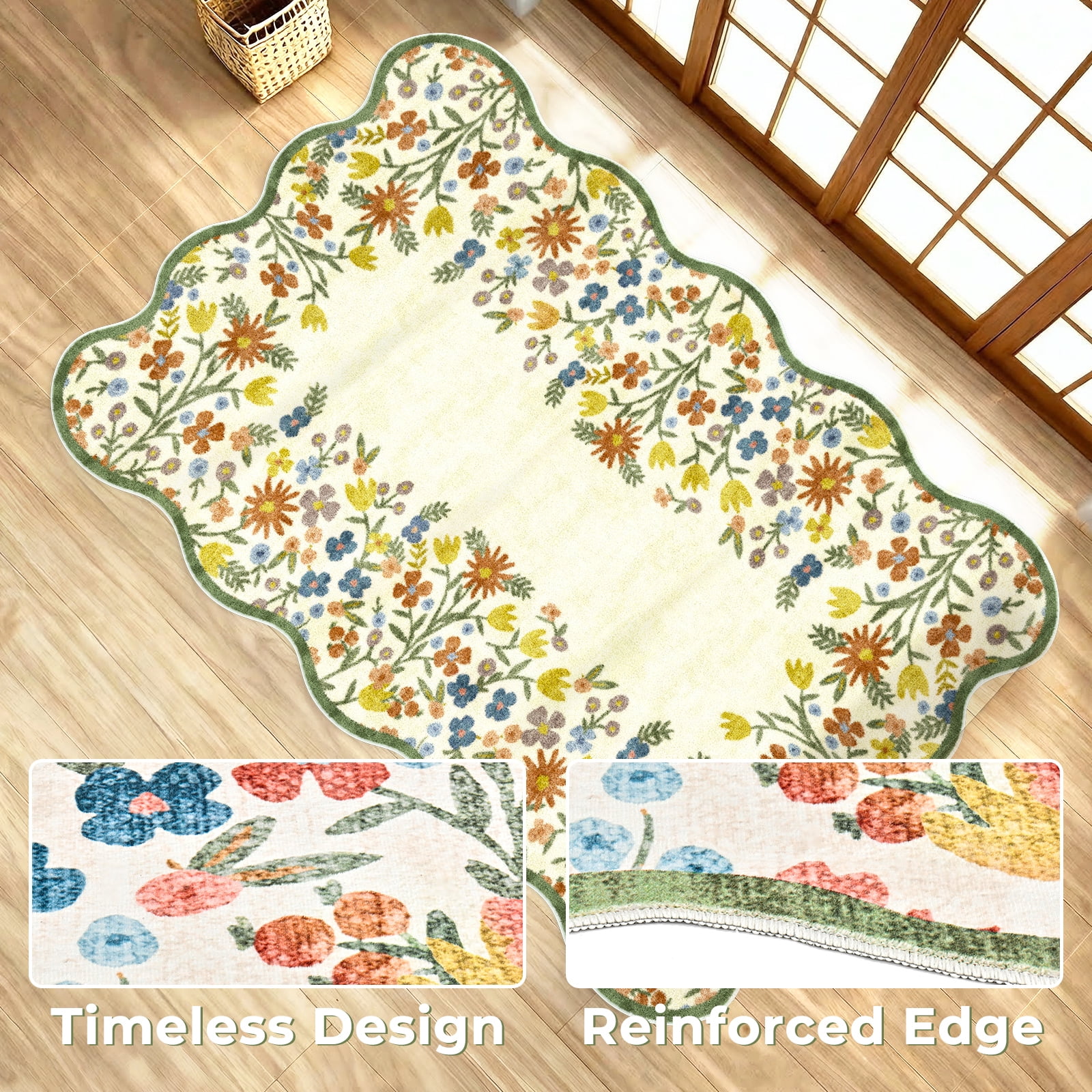 Washable Area Rug for Living Room, 4'x6' Floral Non-Slip indoor Rug, Soft Low Pile & Stain Resistant Boho Accent Carpet for Bedroom, Dining Room, Kitchen, Entryway, Nursery