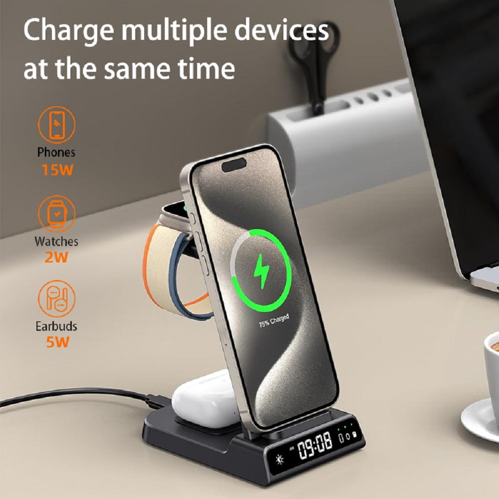 Wireless Charger Fits for iPhone & Samsung, 3 in 1 Fast Charging Station for Multiple Devices with Digital Clock Charging Dock Stand Compatible with iPhone & Apple Watch & AirPods,Black