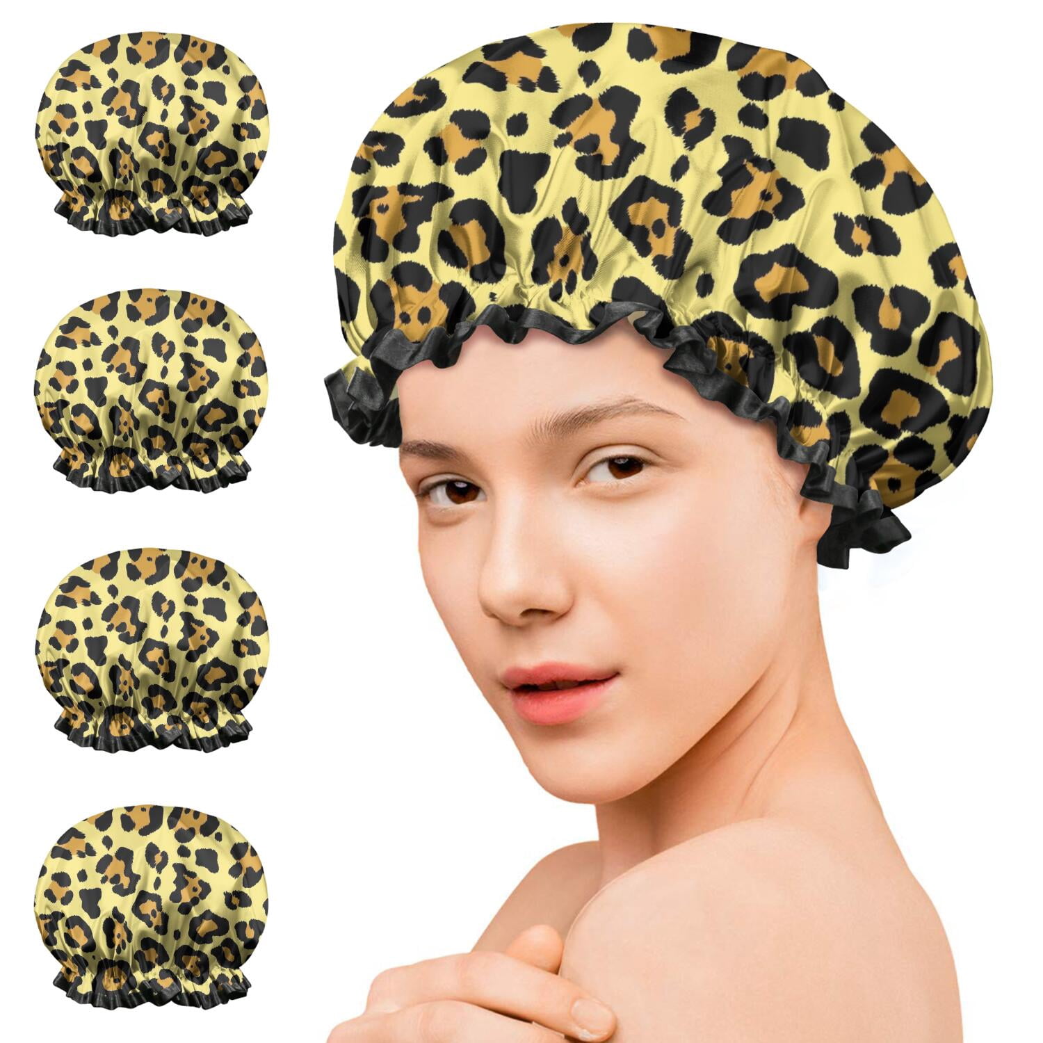 Shower Caps,Yellow and Black Leopard Pattern Waterproof Shower Cap for Women 4 Pieces,Double Reusable Hair Cover for Shower PEVA Elastic Stretch Hem
