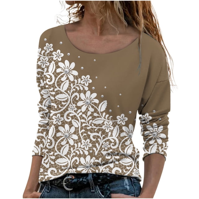 Machine d'Impression de T-Shirts Mode Femmes Décontracté Impression Col Rond Manches Longues T-Shirts Amples Blouse d'Automne Chandail Tops