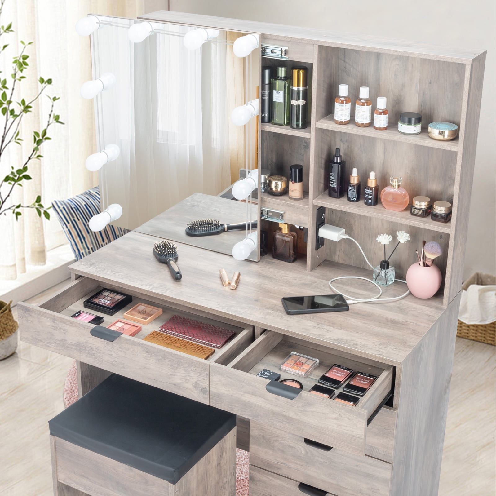 Ktaxon Vanity Table Set with Charging Stationfor Bedroom Makeup Dressing Table with Sliding Mirror,Gray