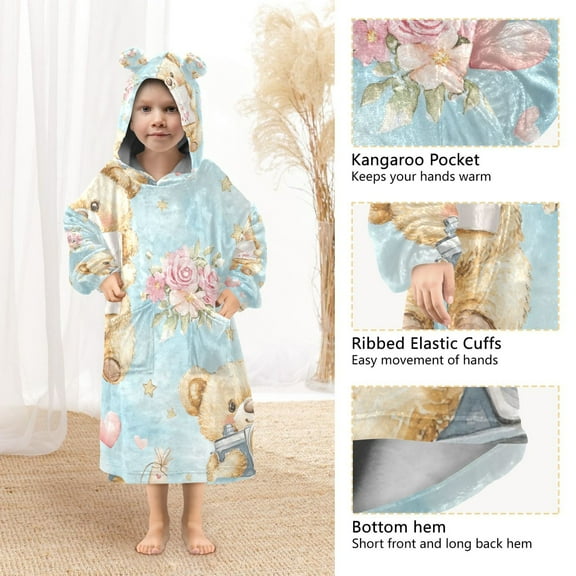 YAZAOO Kids Wearable Blanket Hoodie Warm and Cozy Sweetheart Bears with Flowers Flannel Sweatshirt