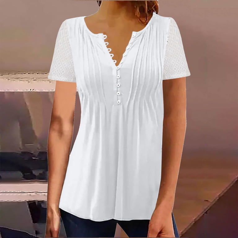 Micoson Women's V-Neck Pleated T-Shirt - Puff Sleeve Summer Top, White, Medium