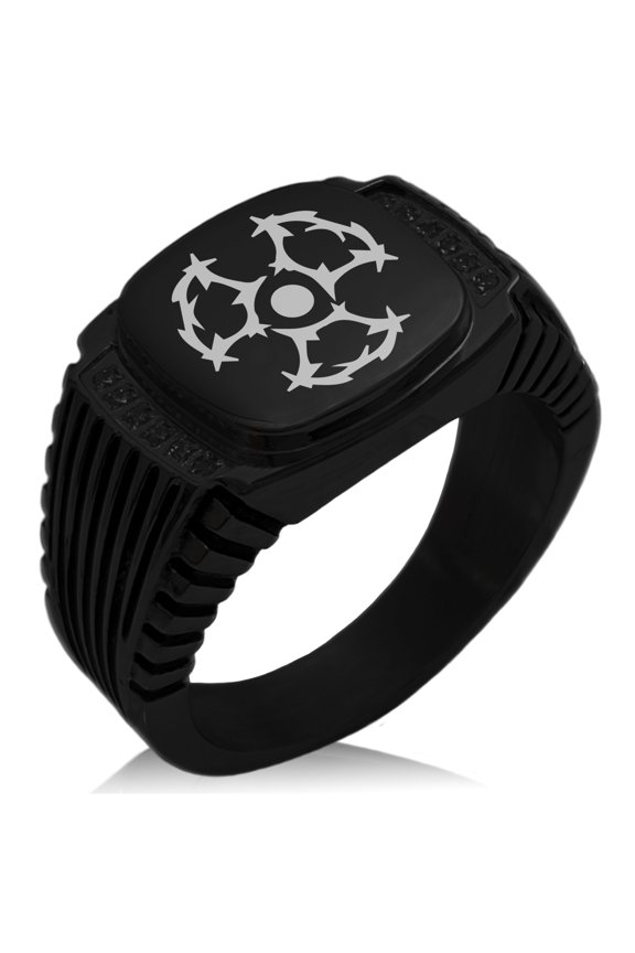 Stainless Steel Barbed Wire Radioactive CZ Ribbed Needle Stripe Pattern Biker Style Polished Ring