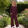 thumbnail image 2 of CPNG Girls 2 Piece Outfit Set Solid Color Long Sleeve Slim Top and Matching Wide Leg Lightweight Casual Sweatsuit Set, 2 of 9