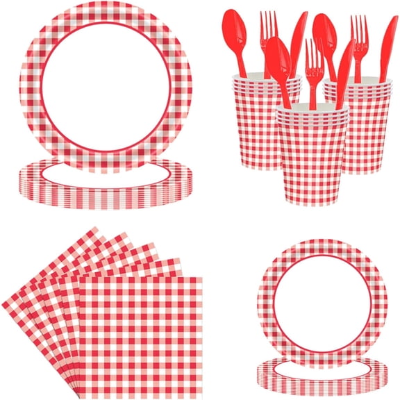 140 Pcs Red and White Gingham Checkered Plaid Party Supplies, Picnic Barbecue Disposable Paper Plates Napkins Forks Birthday Decorations, Serves 20 Guests