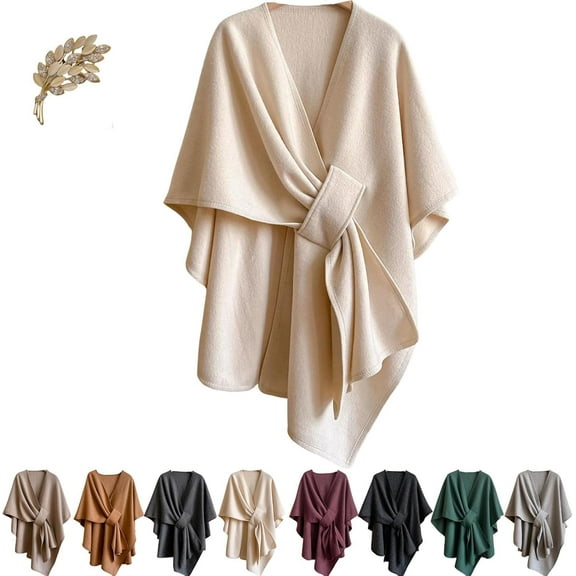 Fleece Drape Shawl, Women's Autumn/Winter Solid Color Elegant Knitted Shawl, Soft Open Front Poncho Sweater with Loop