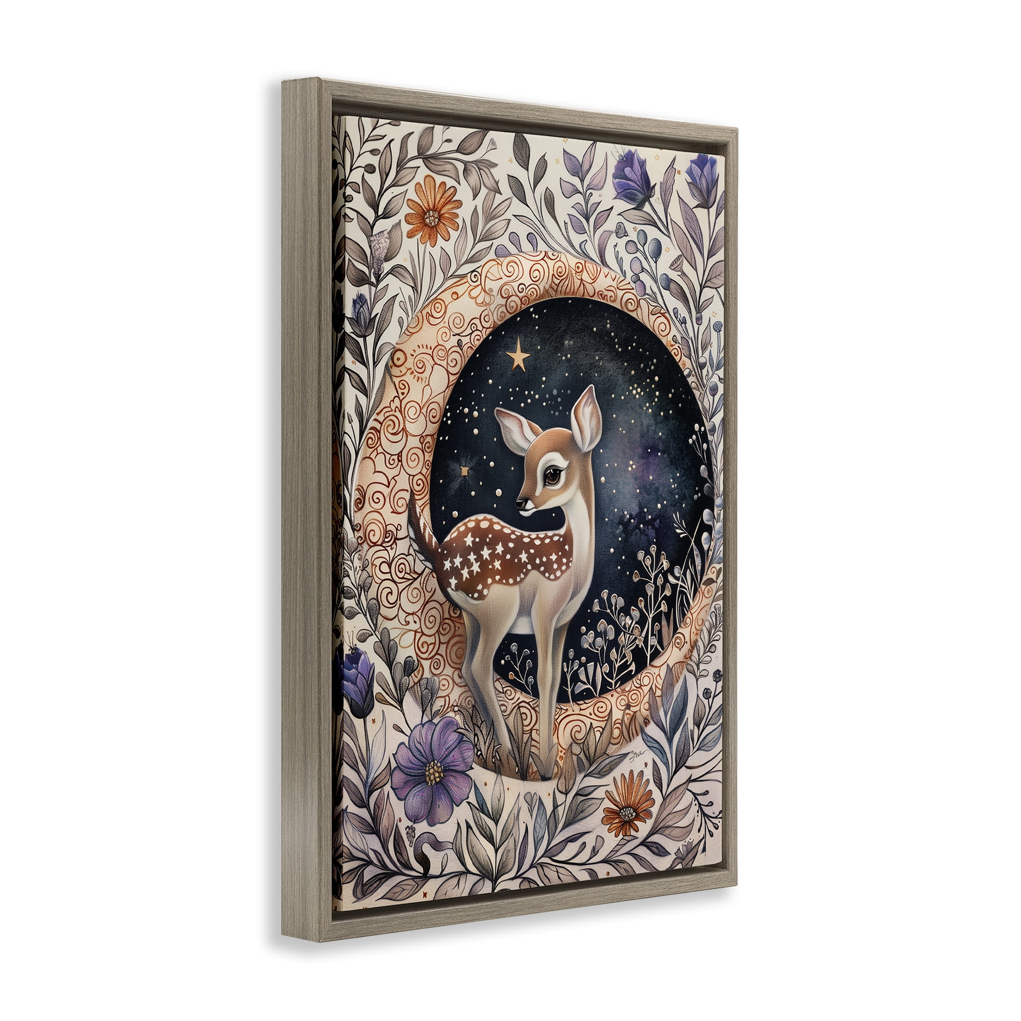 Stupell Industries Floral Fawn & Moon Animals & Insects Painting Brown Floater Framed Art Print Wall Art, 21 x 31