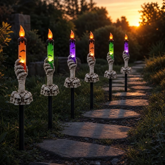 Tuvgenk Halloween decor garden lights outdoor Ghost Hand Candle Battery Landscape Light Kit 5pc LED Candleholder Lights Multicolor Plastic decorative garden stakes lights