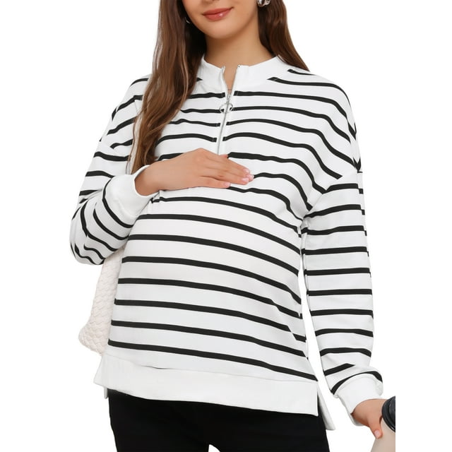 Blusa de maternidad INSPIRE CHIC para mujeres, camiseta de algodón con cuello simulado, media cremallera, mangas largas, laterales abiertos, cuello de tortuga a rayas, embarazo, color negro