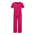 thumbnail image 4 of JINMGG Two Piece Outfits Women, 2026 Fashion Fall Women's Solid Crewneck Button Half Sleeve Pullover Shirt Tops + Pants Trousers Set Hot Pink S, 4 of 8