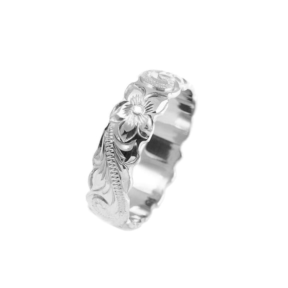 14K white gold hand engraved Hawaiian plumeria scroll band ring cut out 6mm size 2