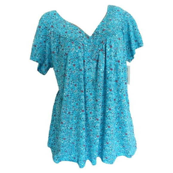Women's Plus Size Summer Blouses Casual V Neck Short Sleeve Floral Print Pleated Flowy Tunic Tops
