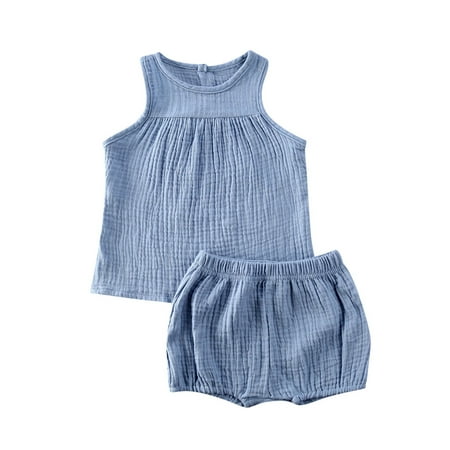 

Carolilly 2Pcs Summer Newborn Baby Boy Girls Cotton Linen Clothes Vest Top T-shirts Shorts Outfits for Age 6M-5Y