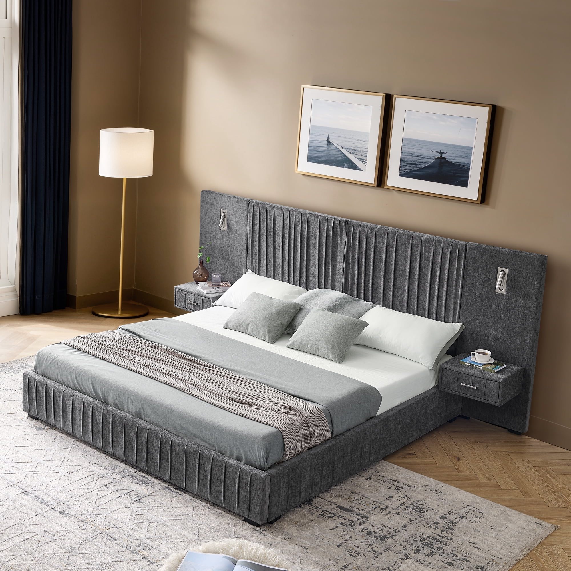 Ffz Queen Size Upholstered Bed Frame With Chenille Fabric With Pleated Design