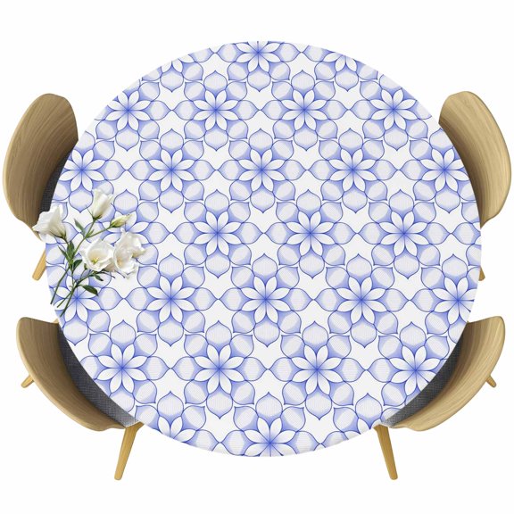 Blue Flower Round Tablecloth 55-60 Inch Round Fitted Table Cloth with Elastic Edge, Retro Tribal Art Abstract Monochrome Texture Waterproof Table Cover Protector for Outdoor Picnic Party Dining