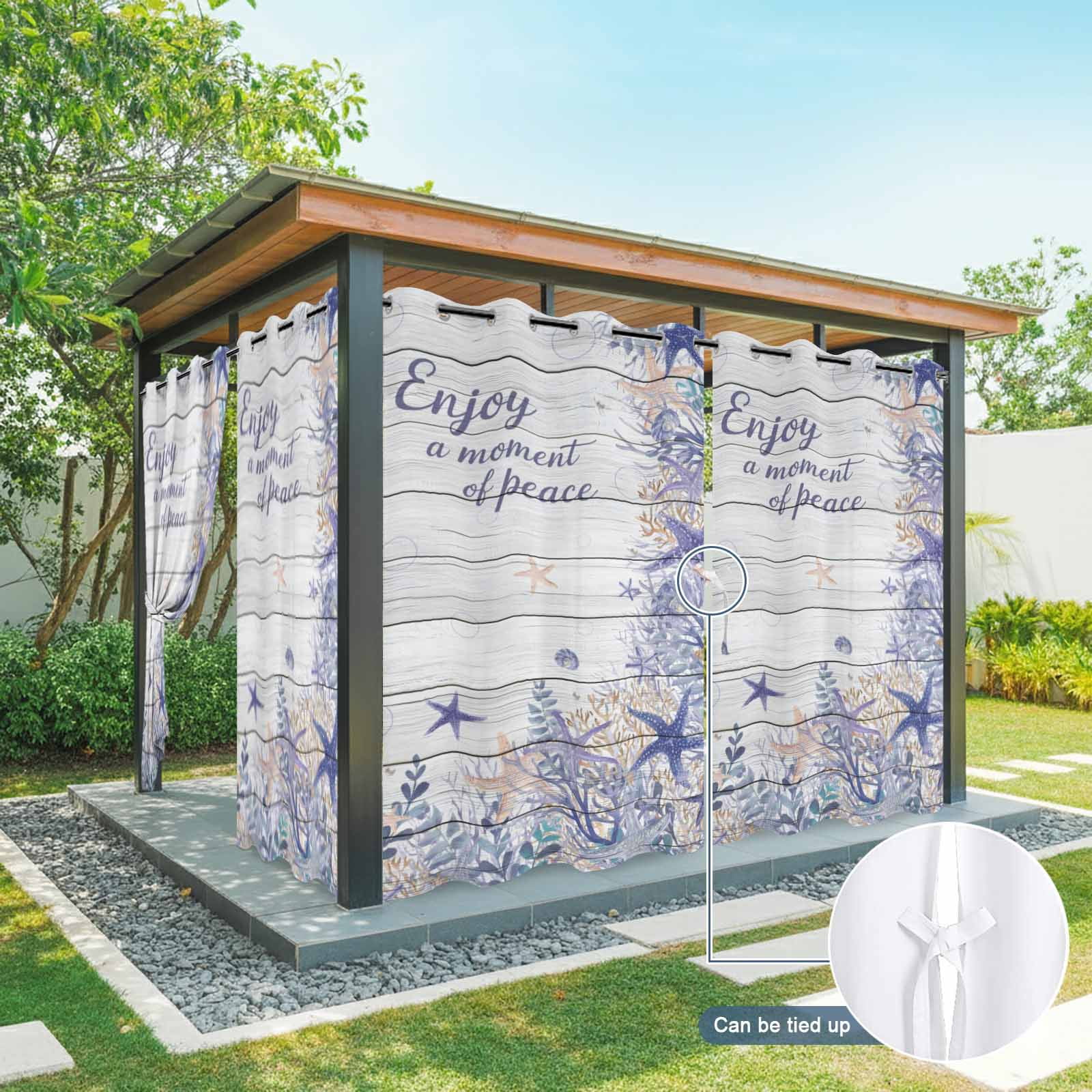 Purple Ocean Outdoor Curtains for Patio, Enjoy A Moment of Peace Beach Starfish Shell Wood Grain Sunshade Privacy Drapes Grommet Waterproof Outside Curtains for Porch Balcony 54"x 108", 1 Panel